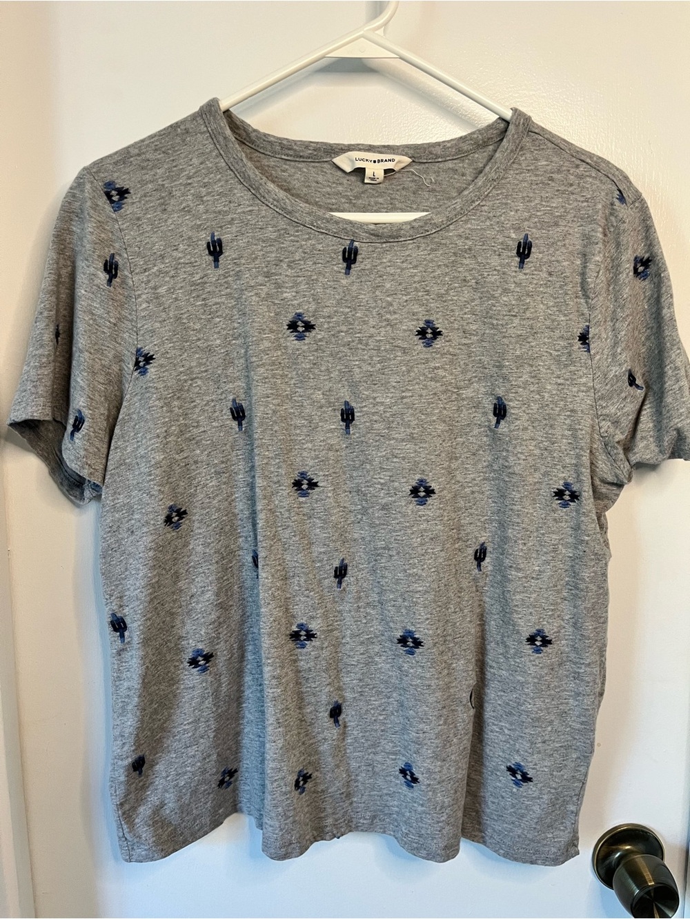 Lucky Brand Grey Short-Sleeve Tee with Navy Embroidered Motifs